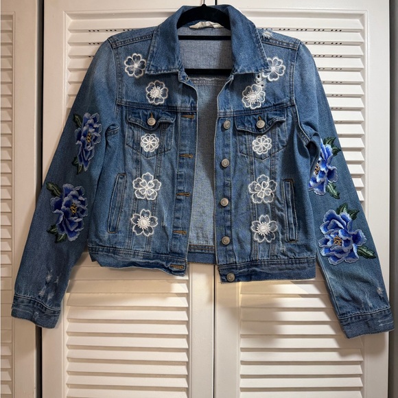 Jackets & Blazers - Handmade Embellished Flower Jean Jacket